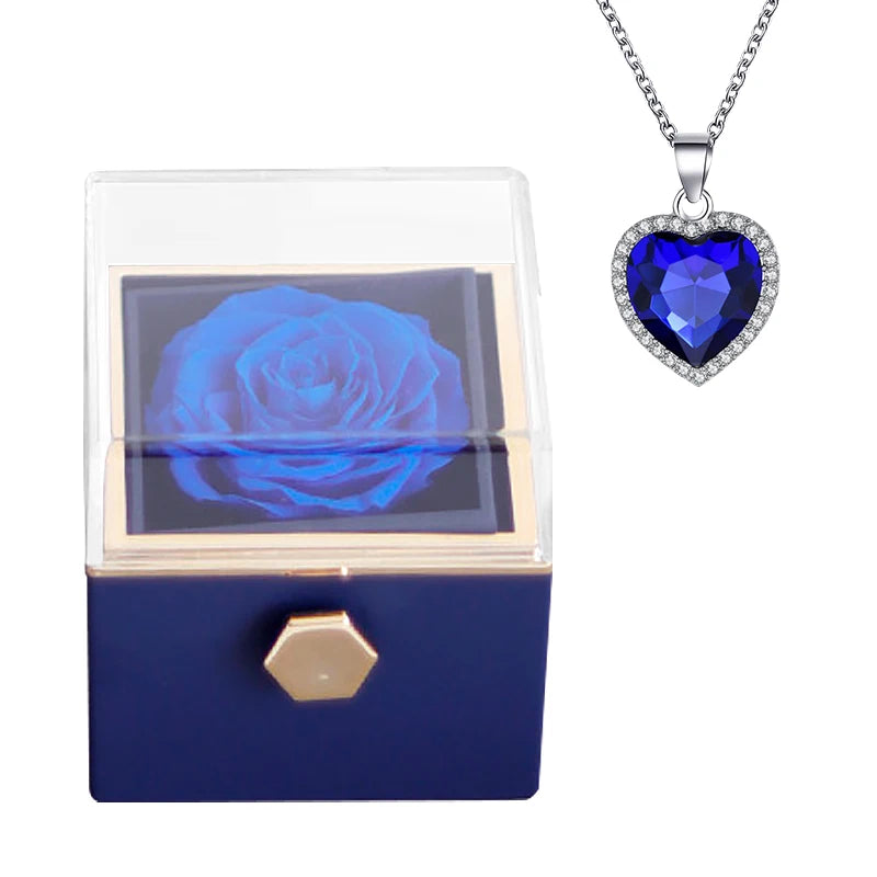 Gifts for Girlfriend Rotating Eternal Rose Gift Box Necklace Set Preserved Flower Jewelry Box for Valentine Christmas Birthday