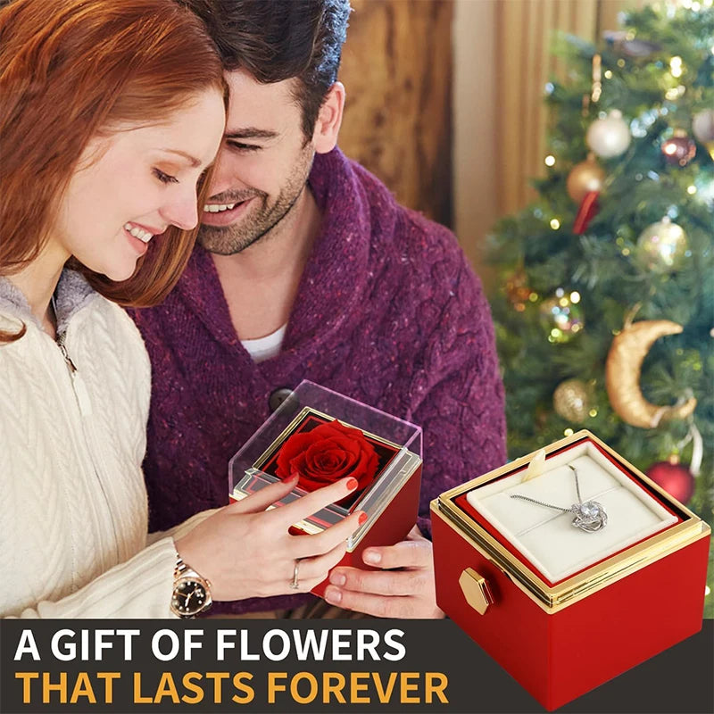 Gifts for Girlfriend Rotating Eternal Rose Gift Box Necklace Set Preserved Flower Jewelry Box for Valentine Christmas Birthday