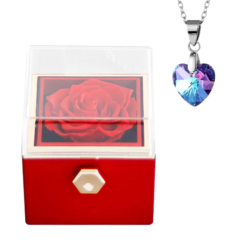 Gifts for Girlfriend Rotating Eternal Rose Gift Box Necklace Set Preserved Flower Jewelry Box for Valentine Christmas Birthday