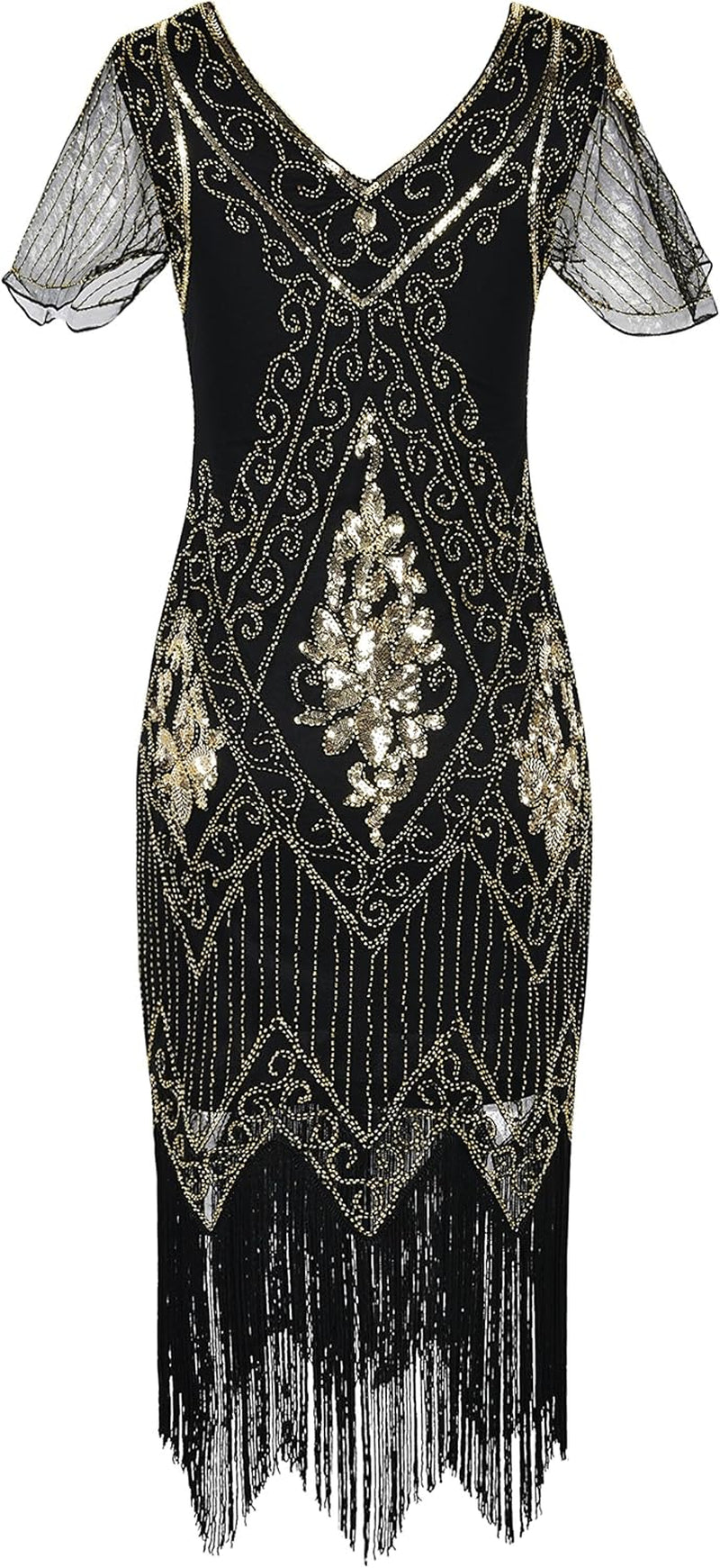 Women'S 1920S Dress Sequin Art Deco Flapper Dress with Sleeve