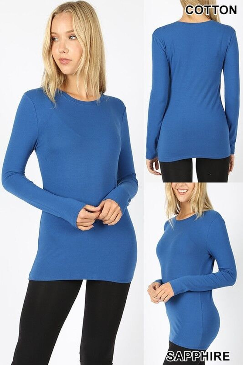 Basic Long Sleeve Solid Top Womens Plain Cotton T-Shirt Stretch Tight Crew Neck