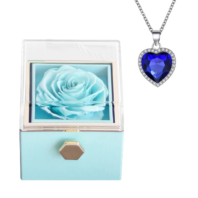 Gifts for Girlfriend Rotating Eternal Rose Gift Box Necklace Set Preserved Flower Jewelry Box for Valentine Christmas Birthday