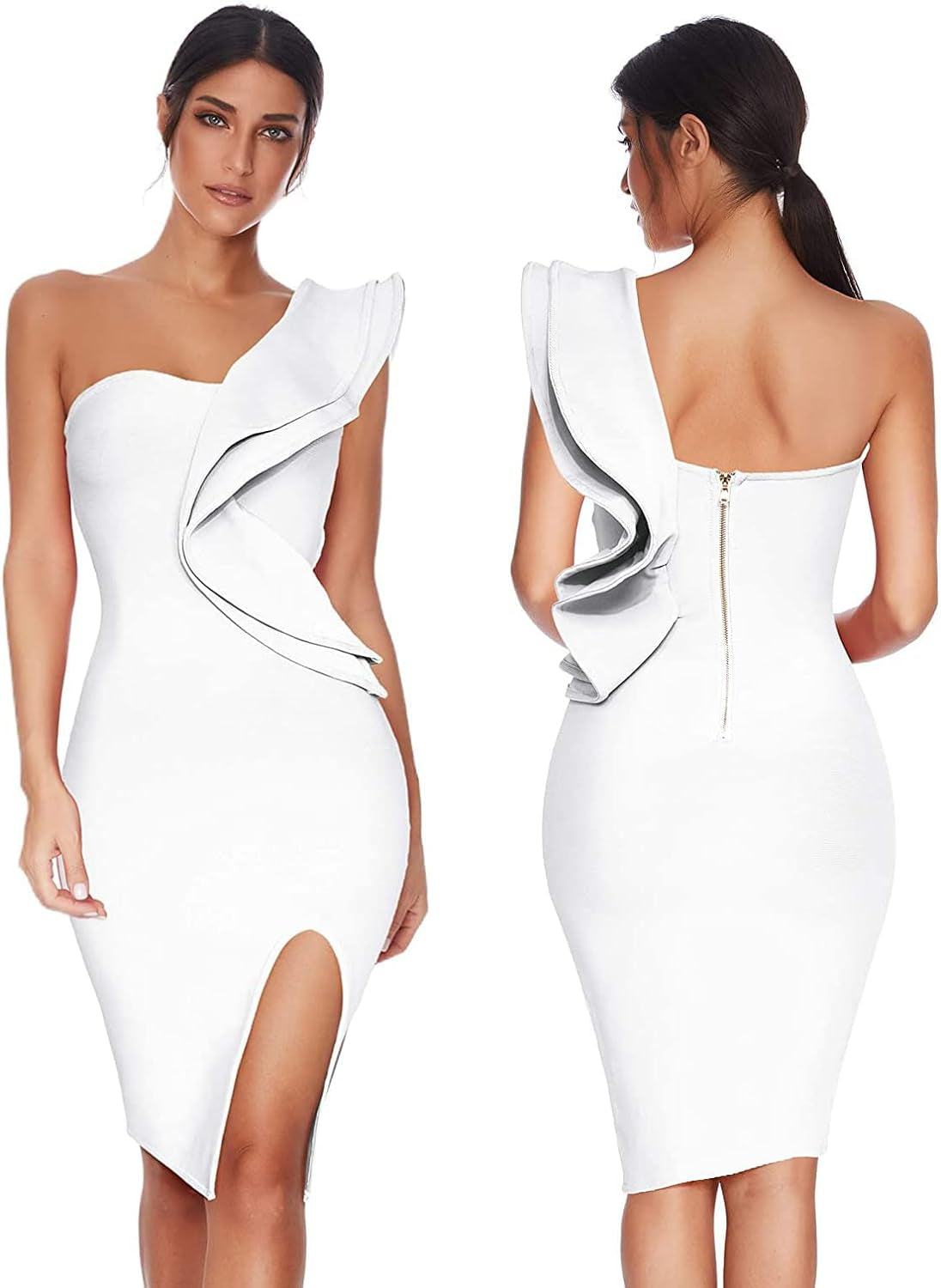 Womens One Shoulder Ruffles Side Split Bodycon Bandage Club Party Dress