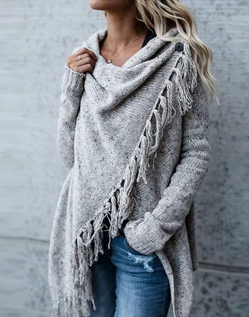 Women'S Open Front Knited Tassels Slash Loose Cardigan Crew Neck Speckled Fringe Sweater Outwear