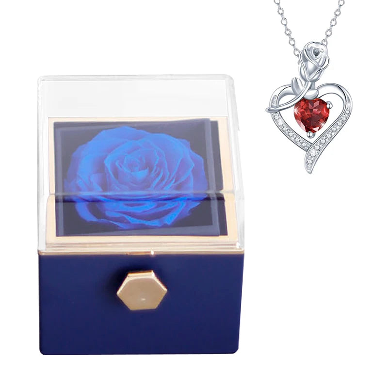 Gifts for Girlfriend Rotating Eternal Rose Gift Box Necklace Set Preserved Flower Jewelry Box for Valentine Christmas Birthday