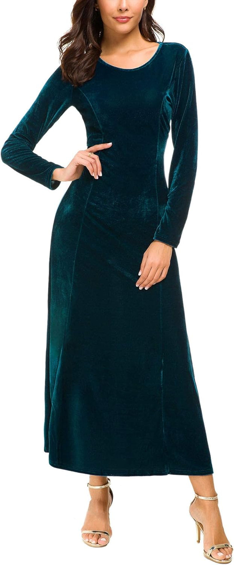 Women'S Elegant Long Sleeve Ruched Velvet Stretchy Long Dress