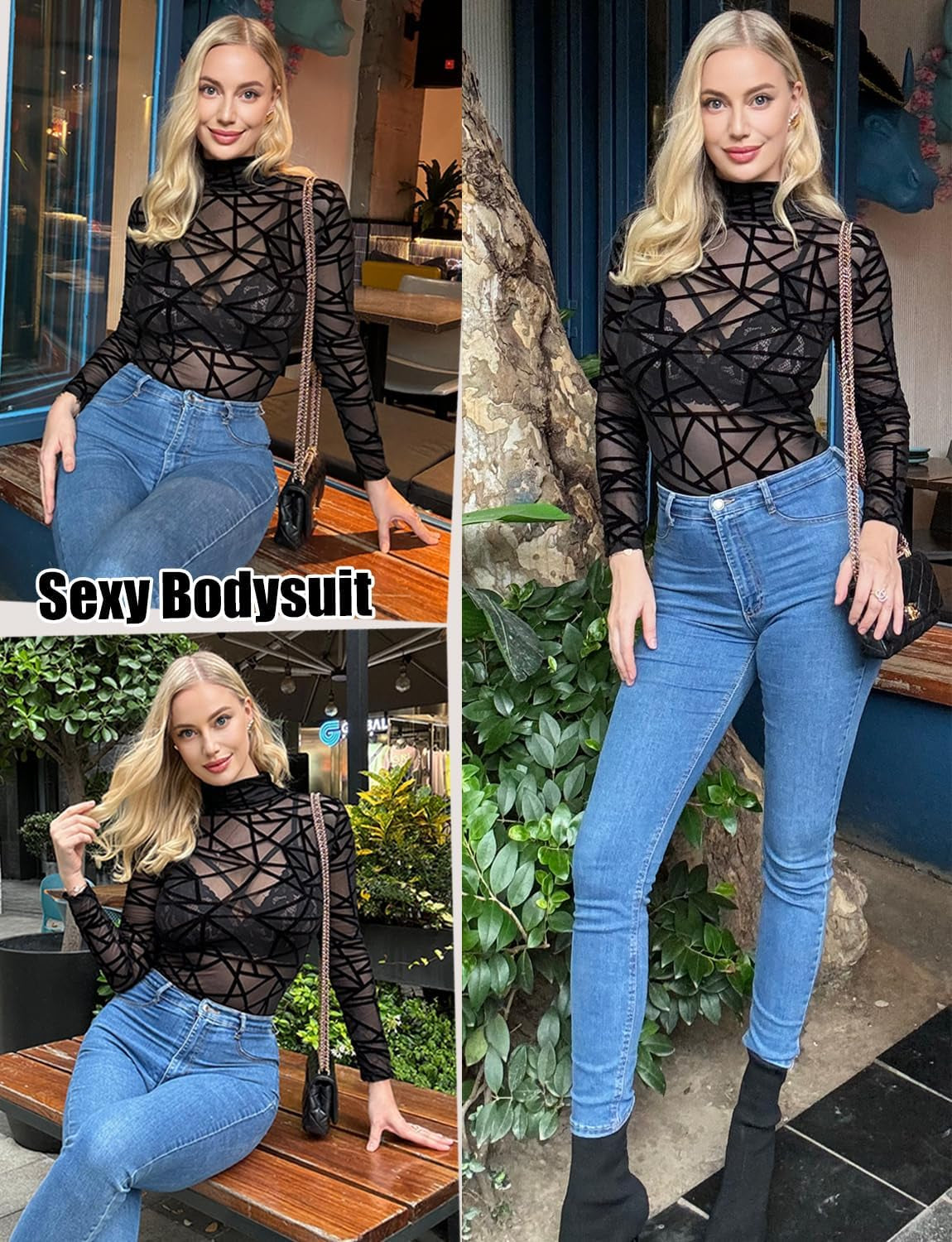 Women Sexy Sheer Floral Lace Bodysuit Long Sleeve Teddy Lingerie