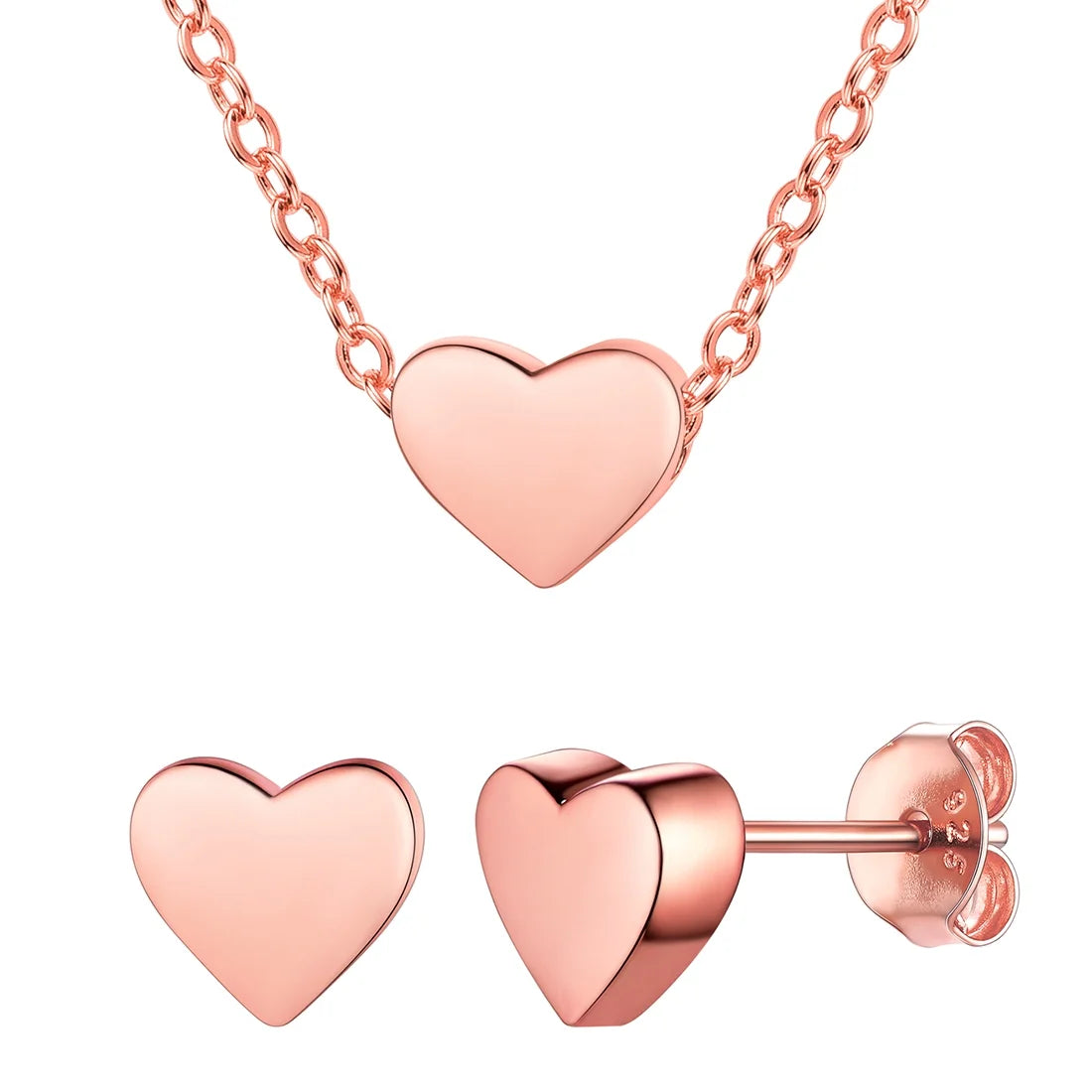 925 Sterling Silver Heart Necklace and Stud Earrings Sets for Women Jewelry Collection Birthday Gift - Rose Gold