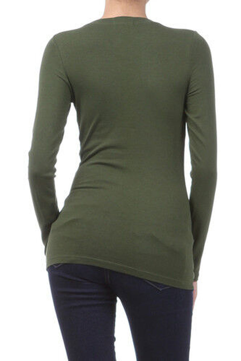 Basic Long Sleeve Solid Top Womens Plain Cotton T-Shirt Stretch Tight Crew Neck