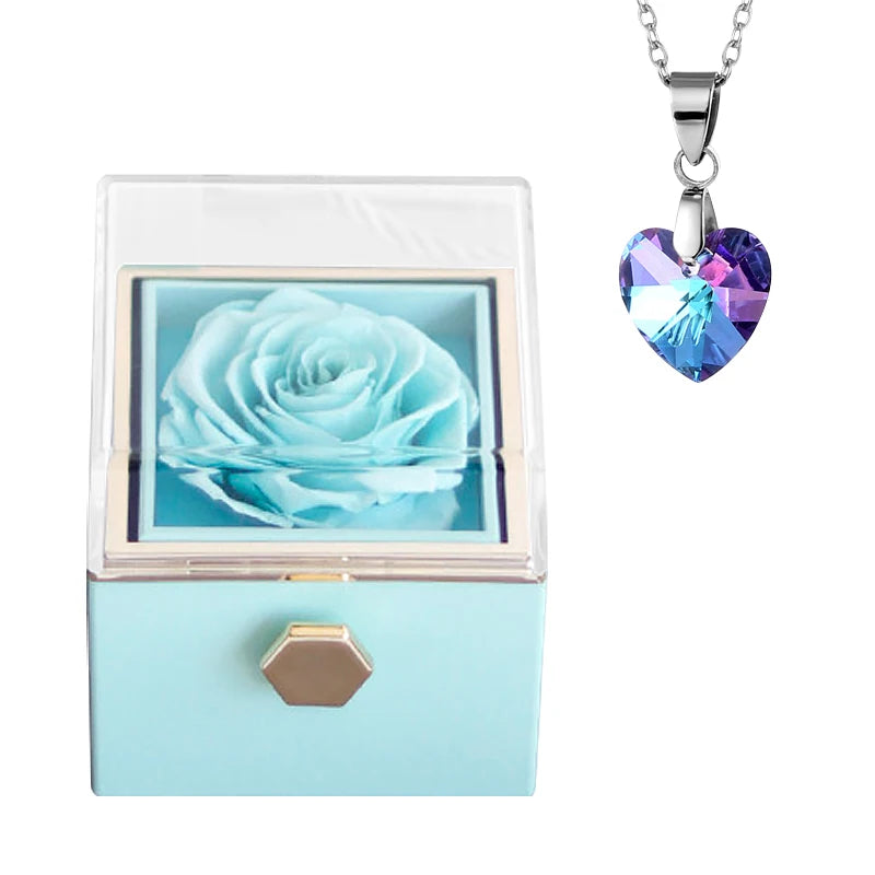 Gifts for Girlfriend Rotating Eternal Rose Gift Box Necklace Set Preserved Flower Jewelry Box for Valentine Christmas Birthday