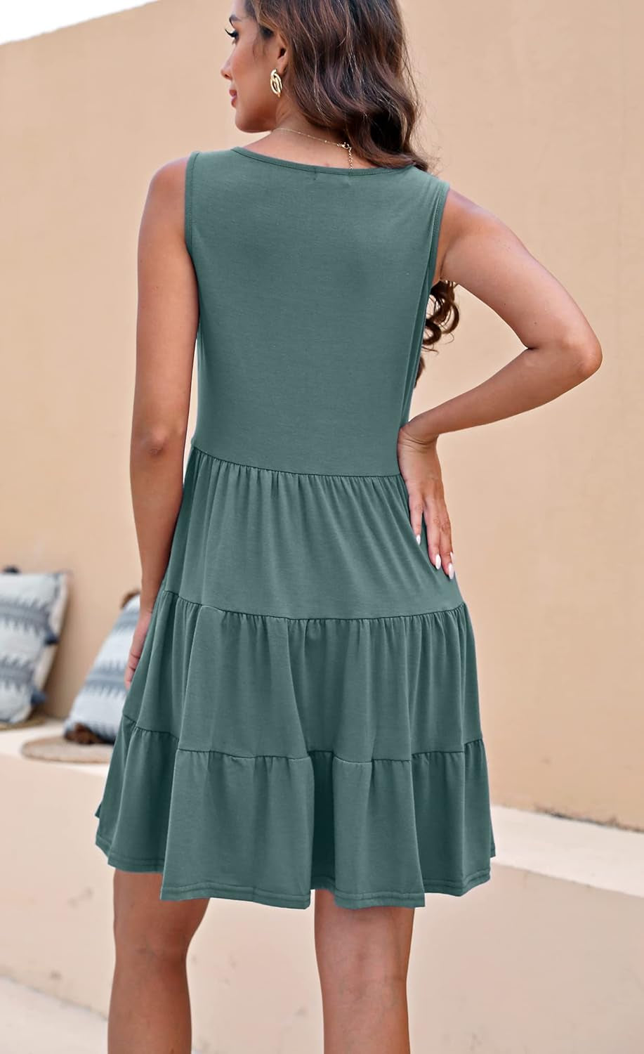 Women'S Button Front Dress Summer Sleeveless V-Neck Pleated Swing Dresses